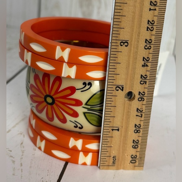 Carved Painted Wooden Bangle Bracelets Set Of 5 Orange Boho Floral Festival - Picture 4 of 5